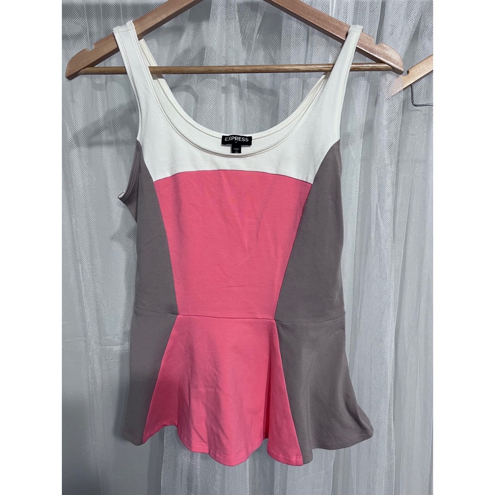 Express Pink White Grey Colorblock Peplum Tank Top Sleeveless Scoop Neck S
